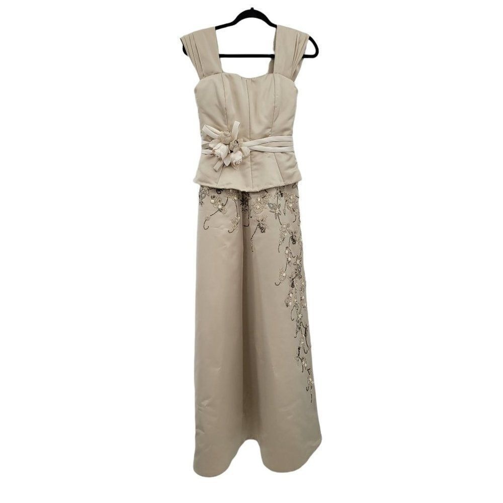 Vtg‎ 90's San Carlin Satin 3D Floral Embroidered Gown Dress Sz 6 Champaign 2pc